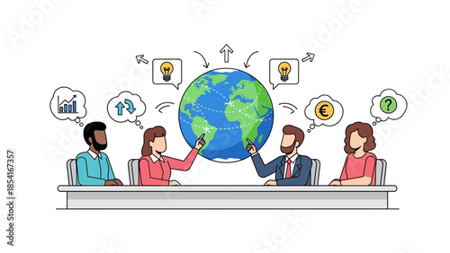 Global business team collaborating on strategic initiatives, exchanging ideas and financial insights to navigate international challenges and foster worldwide growth