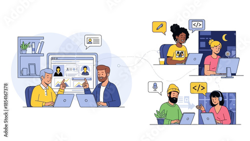 Professionals collaborate remotely on coding projects and engage in virtual meetings, illustrating the dynamic nature of online teamwork and distributed software development