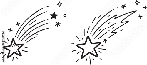 Hand Drawn Doodle Shooting Stars and Comet Tail Vector Illustration line art vector art and illustration black icon set