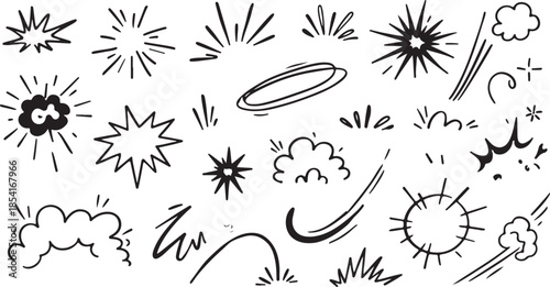 Comic cartoon boom speed effect, explosive motion line element set. Comic boom burst, explosive smoke, line speed cartoon vector icon. black and white vector art and illustration 