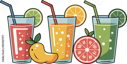 Refreshing assorted fruit juices in glasses with straws and fruit slices, vibrant and healthy beverages, perfect for summer