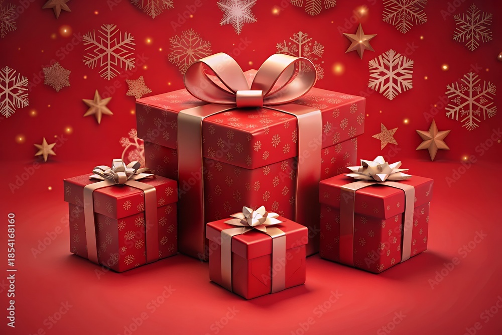Fototapeta premium Beautifully wrapped Christmas gifts with elegant bows on red background with snowflakes