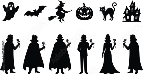 Halloween silhouette set, spooky characters, witch vampire pumpkin cat ghost haunted house