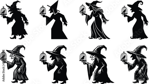 Halloween witch silhouette set, spooky sorceress characters holding birdcage illustration black art