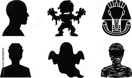 Horror silhouette icon set, spooky monster mummy ghost pharaoh vampire illustration black