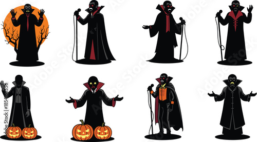 Vampire halloween illustration set, spooky cartoon dracula characters, horror costume collection