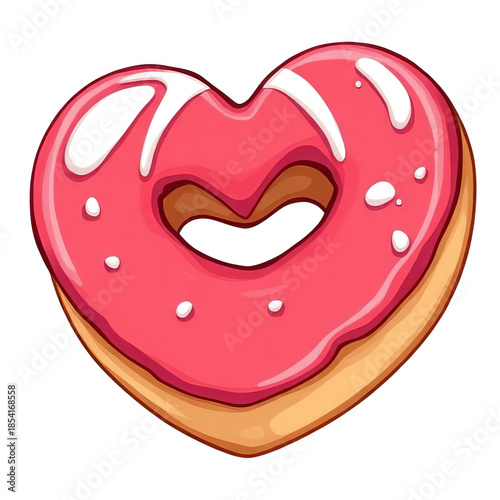 Heart shaped donut with pink strawberry glaze and shiny syrup drizzle for valentines celebration