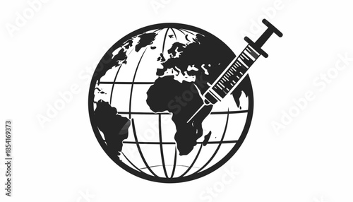 Global vaccination concept with syringe and world globe illustration.