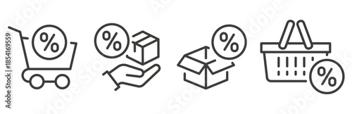 Set of offer icons. Sales, discounts, shopping, retail. Line art. Vector icon illustration.