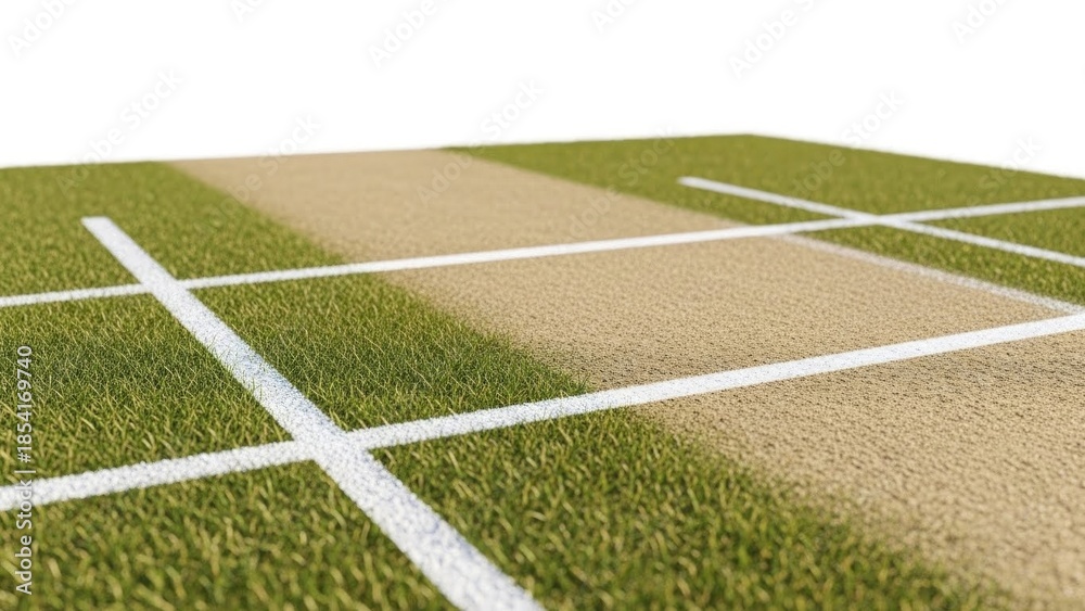 Obraz premium Green grass and sand cricket pitch with white lines isolated background | Cricket, pitch, wicket, field, sports, game.