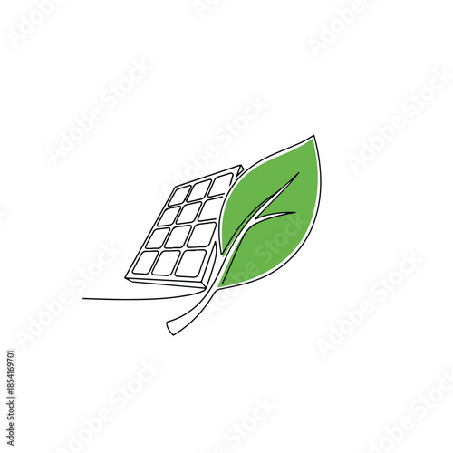 Continuous One-Line Drawing of Solar Panel and Green Leaf—Minimalist Renewable Green Energy Vector Concept