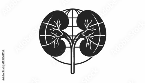 Black and white vector illustration of kidneys on a globe background.