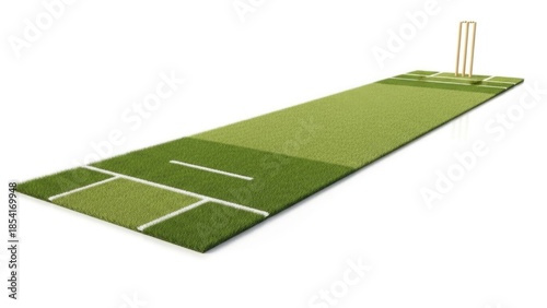 Artificial turf cricket pitch with wickets green color grass lines | Cricket, pitch, wicket, field, sports, game.