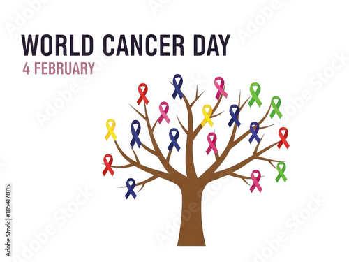World cancer day tree with colorful ribbons on transparent background