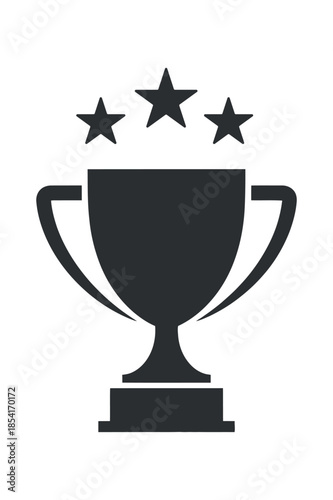 a simple black and white illustration depicts a classic trophy cup with three stars positioned directly above it signaling achievement