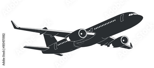 a sleek black silhouette of a passenger airplane in flight showcasing its wings and engines against a white background high quality