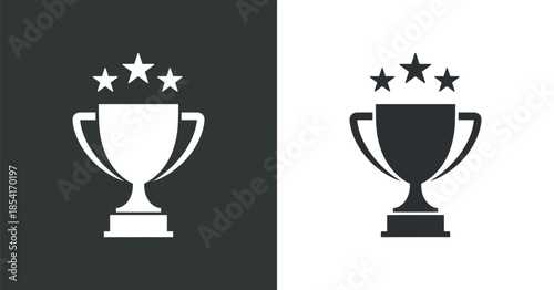 a stark visual representation depicts a symmetrical arrangement of a white trophy and a black trophy both adorned with three stars above