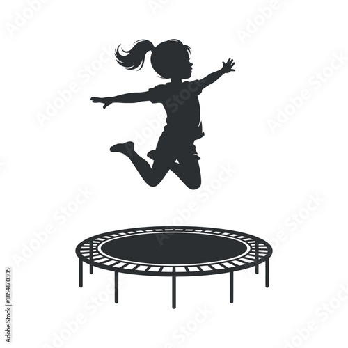 a silhouette of a young girl joyfully jumping with outstretched arms on a circular black trampoline showcasing playful energy high quality