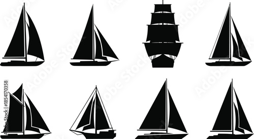 Set of Black Sailboat and Yacht Silhouettes Isolated on White Background for Nautical Design Marine Travel and Ocean Racing Concepts