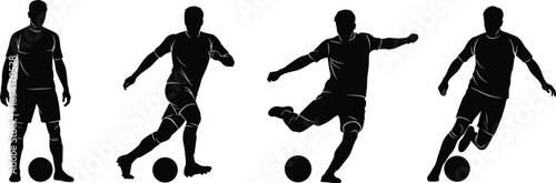 Professional male soccer player silhouettes set with athletes in dynamic action poses kicking and dribbling footballs for sports branding