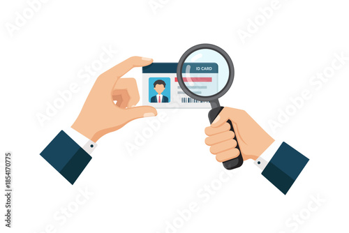 vector illustration of Businessman Using Magnifying Glass To Inspect ID Card For Verification And Security.