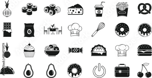 Black and white food icon set featuring sushi cheese burger donuts avocado and chef hats for restaurant menu design