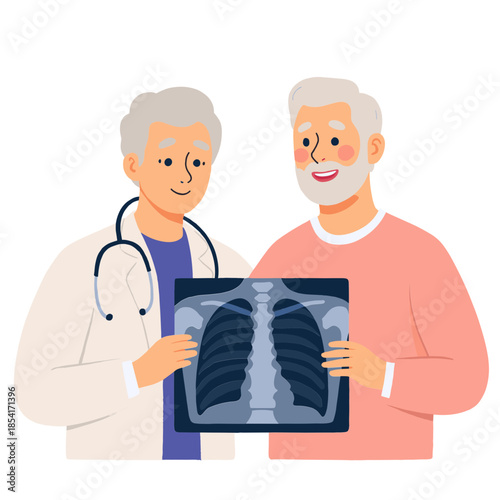 Elderly man holding x-ray. Senior showing chest x-ray. Doctor examining x-ray result. Older patient reviewing diagnosis. Elderly set