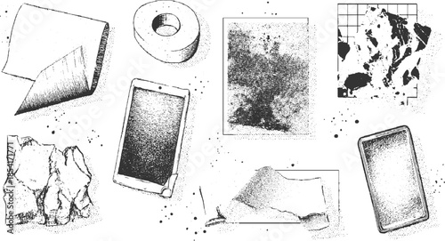 Black and white of office supplies and digital devices on a speckled background monochrome