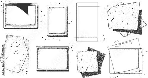 Collection of eight hand drawn black and white frames and shapes with textured borders and scattered dots