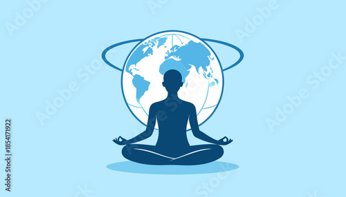 Silhouette of a person meditating with a globe in the background.