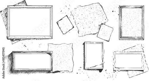 Collection of hand drawn empty frames and textured paper scraps blank rectangle square