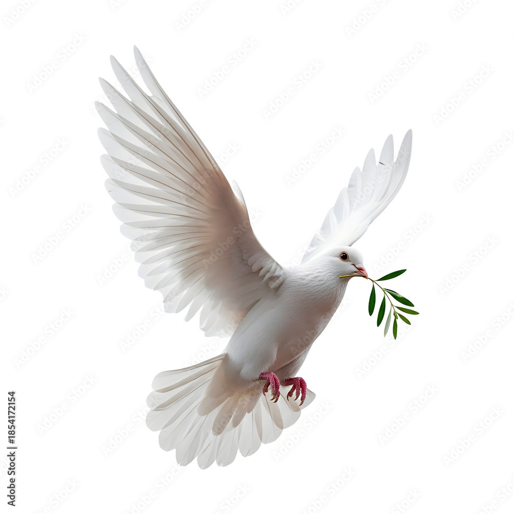 Fototapeta premium White Dove Flying with Flower Branch: Symbol of Peace and Hope