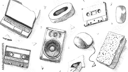 Vintage technology and scattered on a white background laptop cassette tape speaker mouse