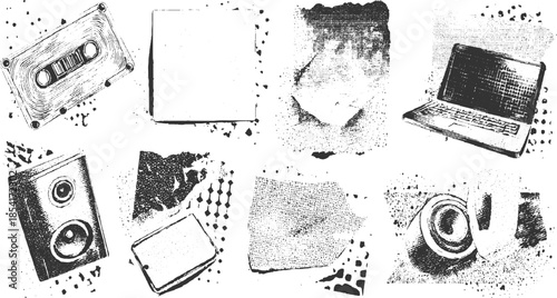 Collection of vintage audio equipment and technology in a textured black and white style cassette tape