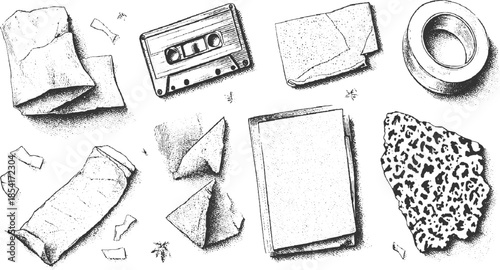 Black and white of vintage cassette tape torn paper and ring audio music