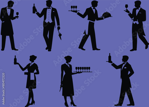 waiter silhouette set showing professional wine service, food presentation, hospitality poses, fine dining restaurant staff, catering service lifestyle concept, elegant vector illustrations.