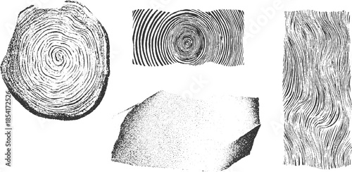 Black and white wood grain and fingerprint textures with stippled geometric shape pattern