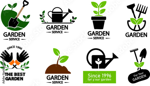 Collection of Garden Service Vector Logos with Shovel, Watering Can, Plant Icons, and 'GARDEN SERVICE' Text