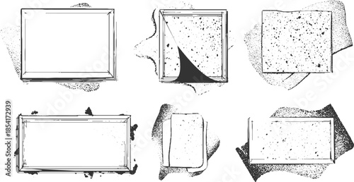 Six hand drawn black and white rectangular frames with textured backgrounds and torn paper effects border