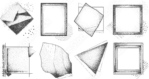 Collection of eight black and white stippled geometric shapes and frames abstract square triangle