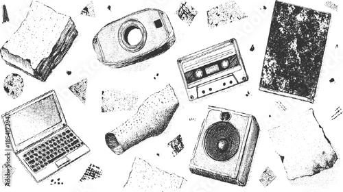 Black and white of vintage technology and including a laptop camera cassette tape speaker and book