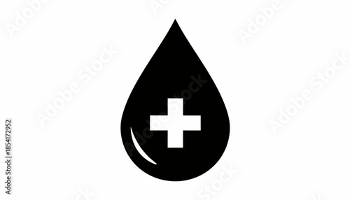Black and white vector illustration of a blood drop with a plus sign inside.
