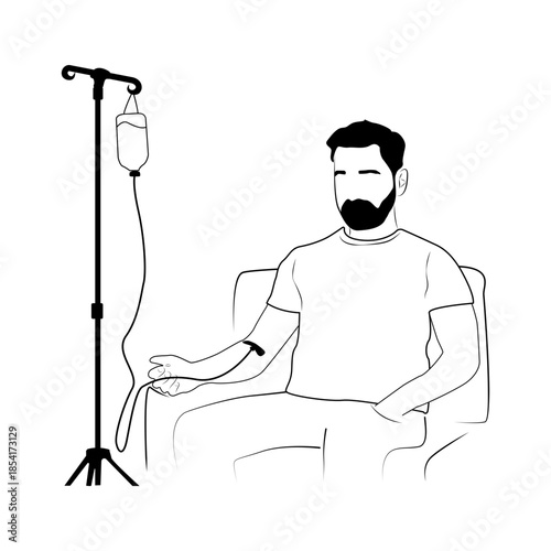 A man on an IV. A patient receiving an infusion. The person receives medications through an IV. Medical procedures involving intravenous administration of medications.