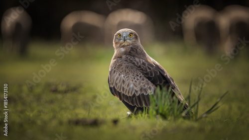 Intense eye contact with a Short-toed Snake Eagle (Circaetus gallicus) on the ground. Description: A stunning close-up portrait of a Short-toed Eagle staring directly at the camera. The majestic bird 