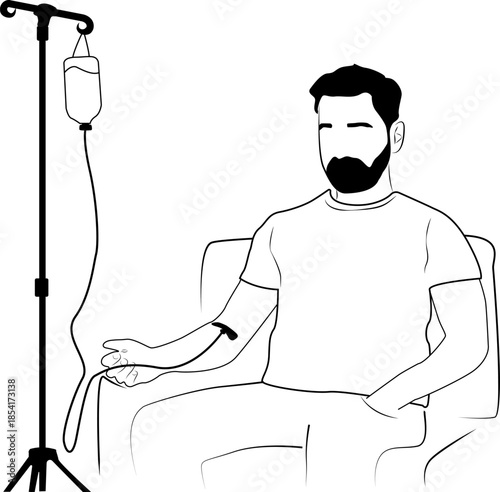 A man on an IV. A patient receiving an infusion. The person receives medications through an IV. Medical procedures involving intravenous administration of medications.
