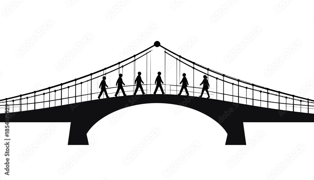Obraz premium Silhouetted figures walking across a suspension bridge in black and white.