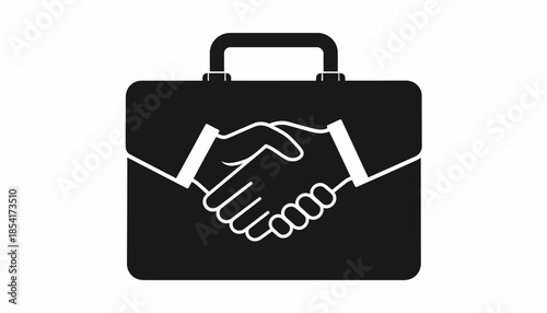 Business deal illustration with handshake and briefcase on white background.