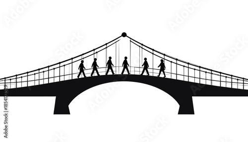 Silhouetted figures walking across a suspension bridge in black and white.