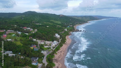 Bathsheba Beach aerial view including mushroom rock in village of Bathsheba, Saint Joseph, Barbados. 