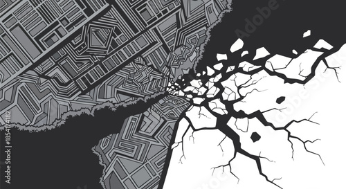 Abstract geometric pattern disintegrates into organic crackling dark void, symbolizing destruction and decay.